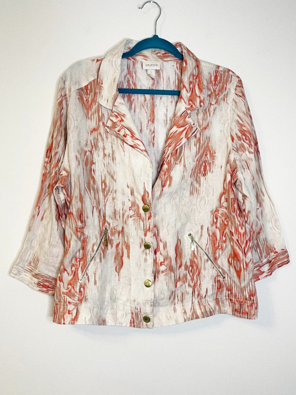 Chico's 100% Linen Ikat Print Jacket Size 3 (XL) Button Front Resortwear - Picture 1 of 9